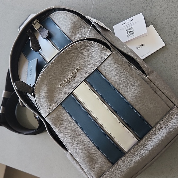 Coach Houston Grey Silver Blue Sling Backpack Leather Unisex Varsity Stripe NWT - Picture 3 of 16